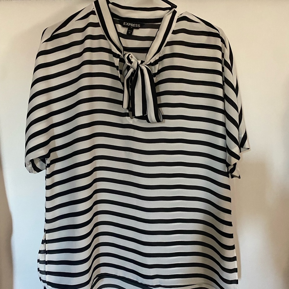 Express Women’s Size Med Striped Blousse Top Black White, Bow Tie,